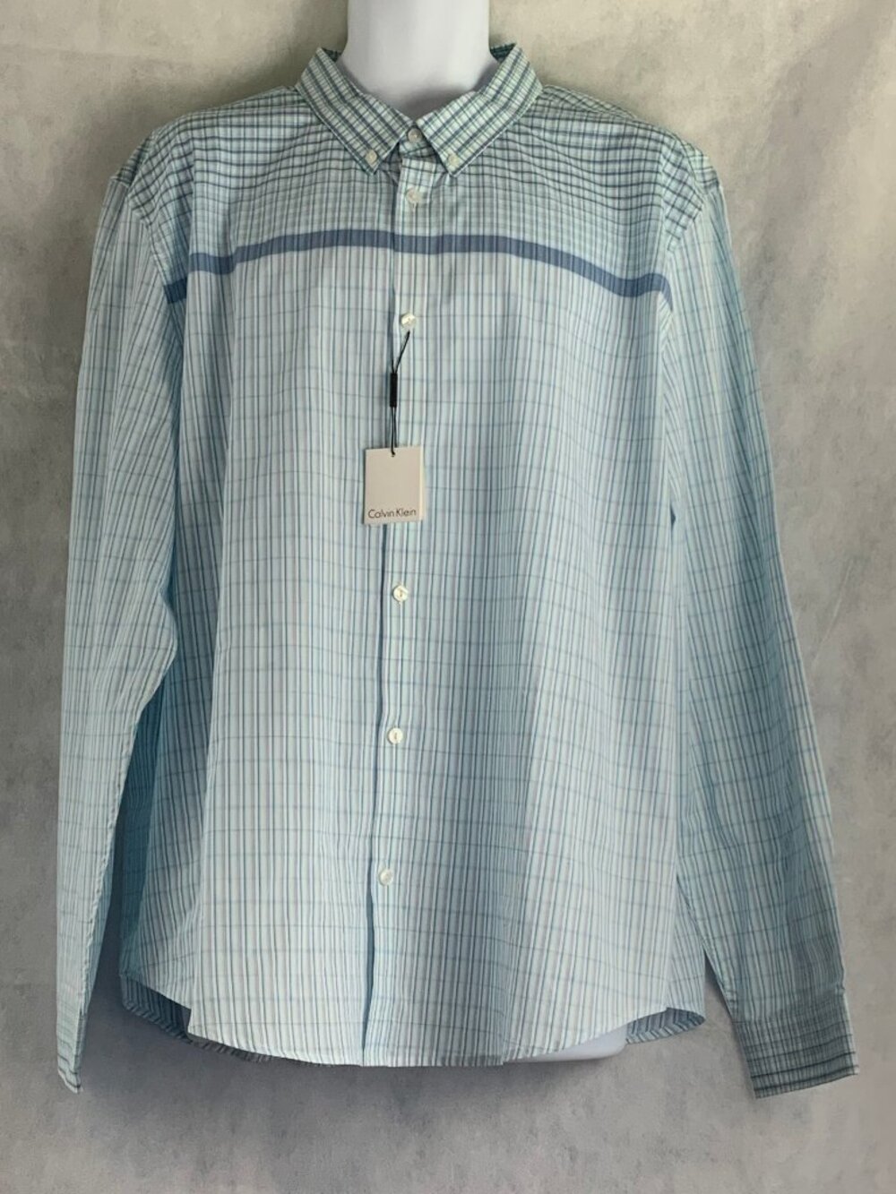 Calvin Klein Men's Long-Sleeve Button-Down Shirt, Clearwater Blue Plaid, XXL